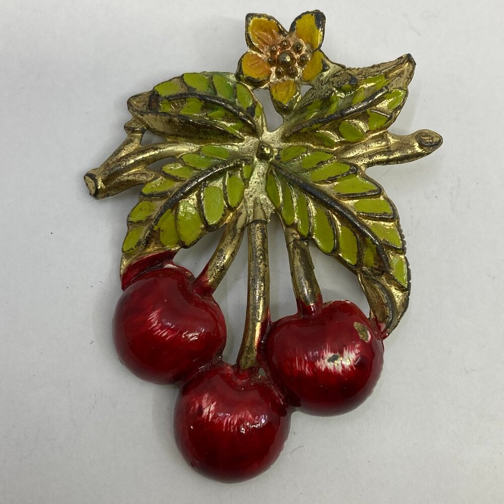 Vtg 1940s CORO pewter enamel cherry brooch